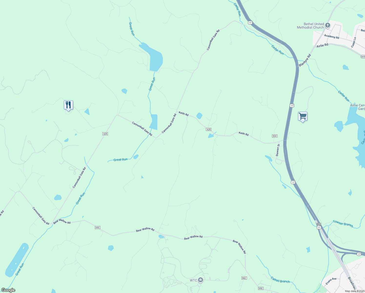 map of restaurants, bars, coffee shops, grocery stores, and more near 7597 Keith Road in Warrenton