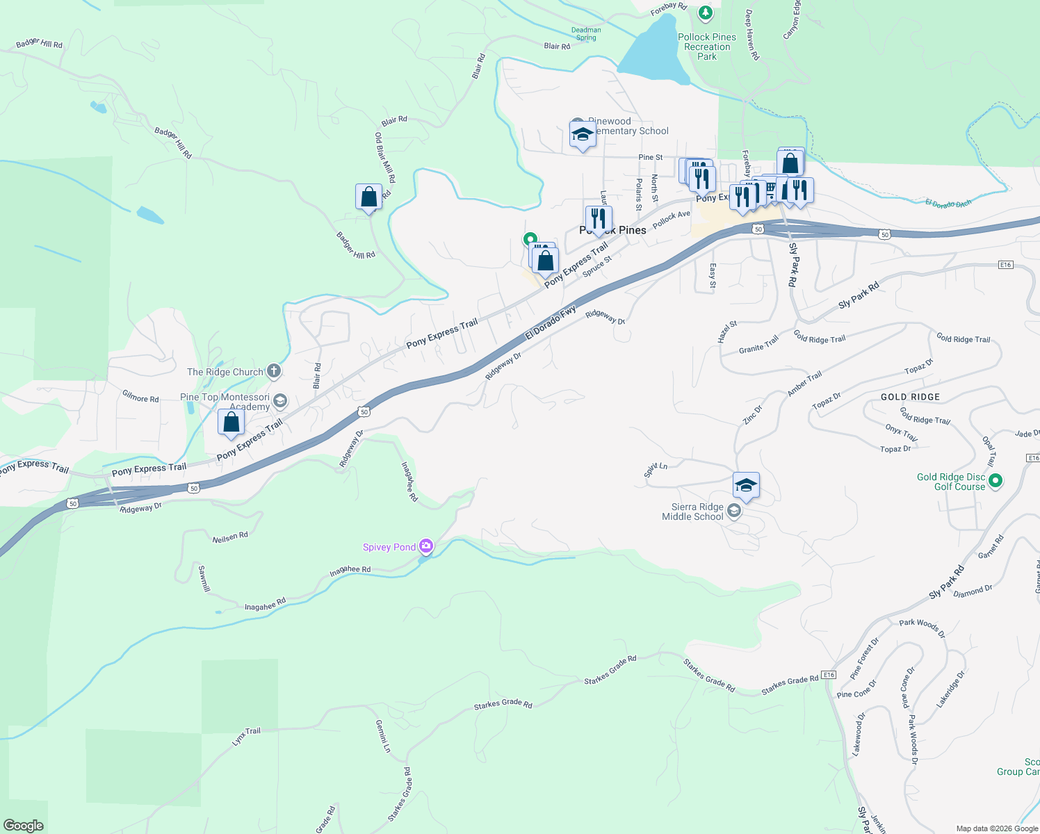 map of restaurants, bars, coffee shops, grocery stores, and more near 3570 Poolhouse Road in Pollock Pines