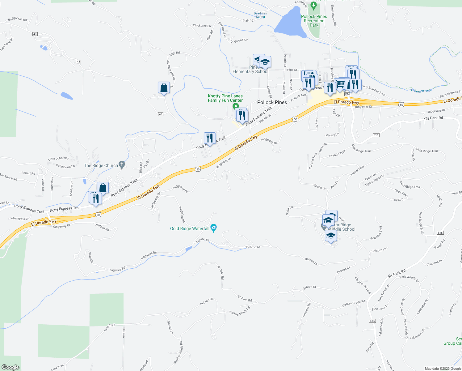 map of restaurants, bars, coffee shops, grocery stores, and more near 3570 Poolhouse Road in Pollock Pines