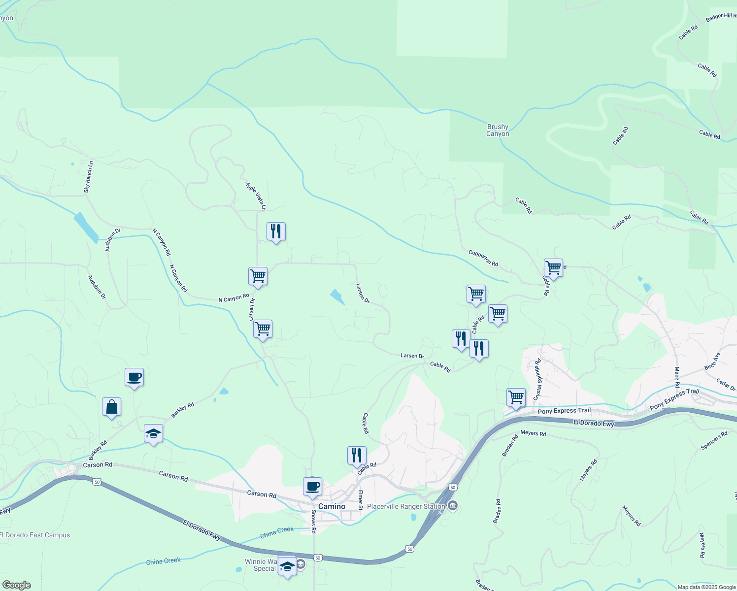 map of restaurants, bars, coffee shops, grocery stores, and more near 2148 Larsen Drive in Camino