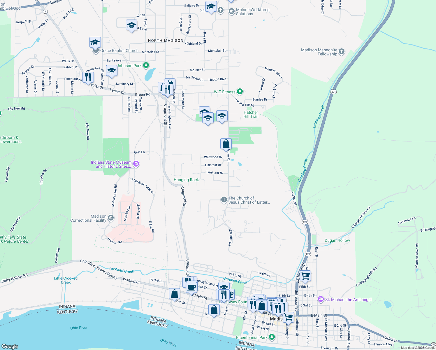 map of restaurants, bars, coffee shops, grocery stores, and more near 129 Elmhurst Dr in Madison