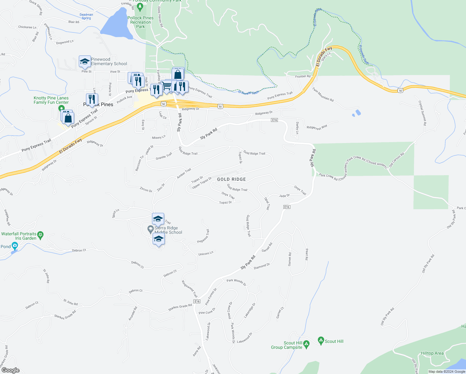 map of restaurants, bars, coffee shops, grocery stores, and more near 3621 Gold Ridge Trail in Pollock Pines