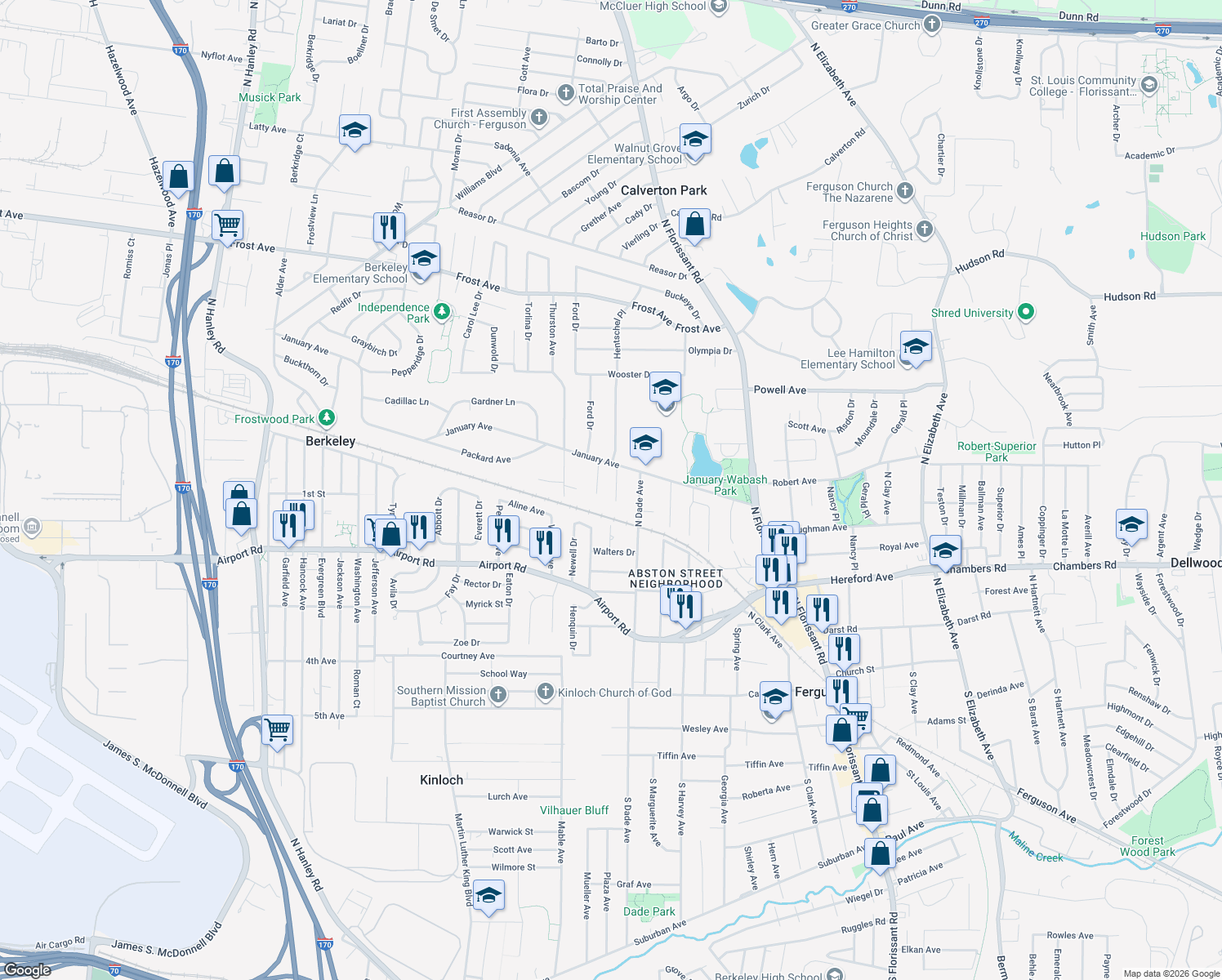map of restaurants, bars, coffee shops, grocery stores, and more near 431 Hentschel Place in Ferguson