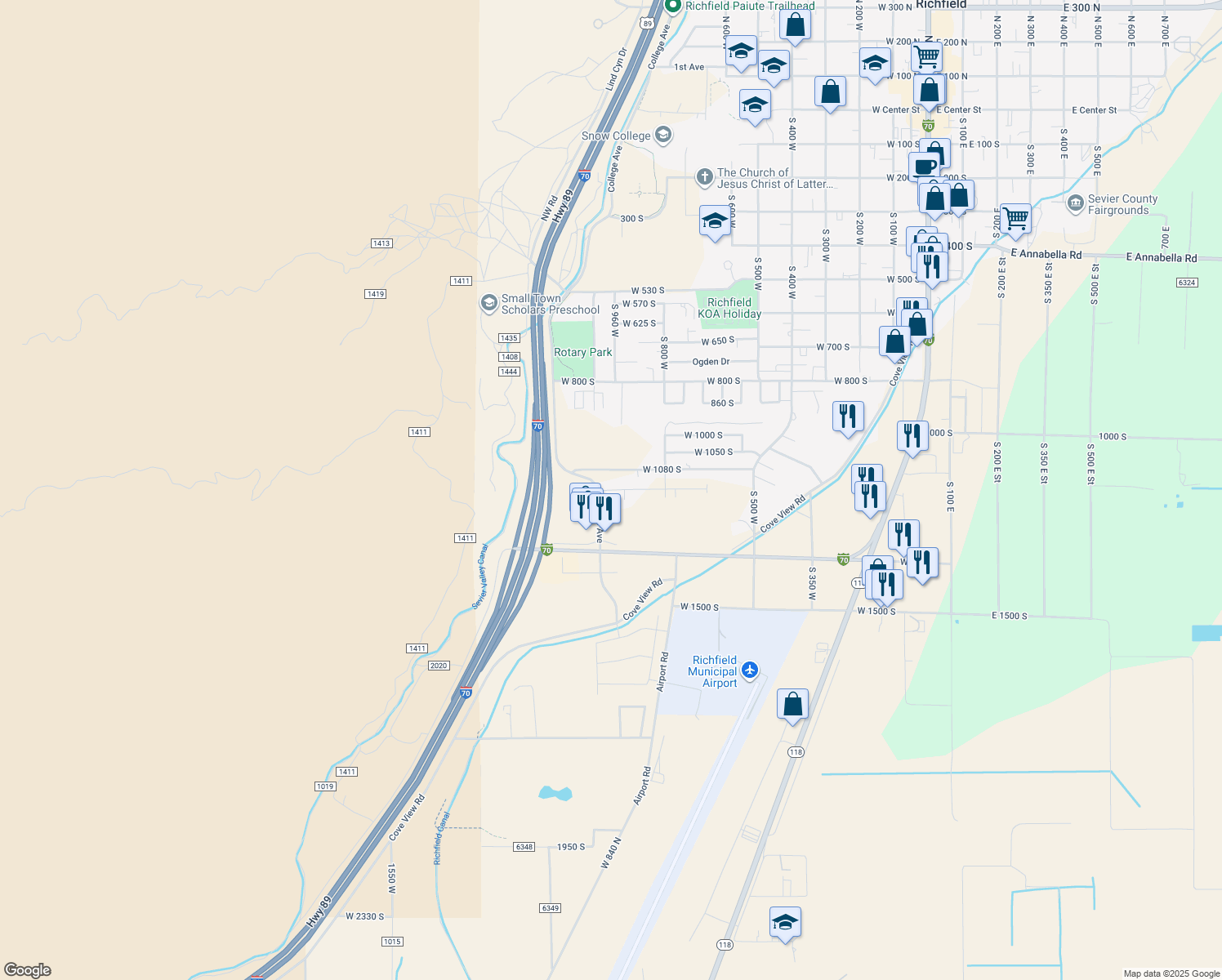 map of restaurants, bars, coffee shops, grocery stores, and more near 765 West 1100 South in Richfield