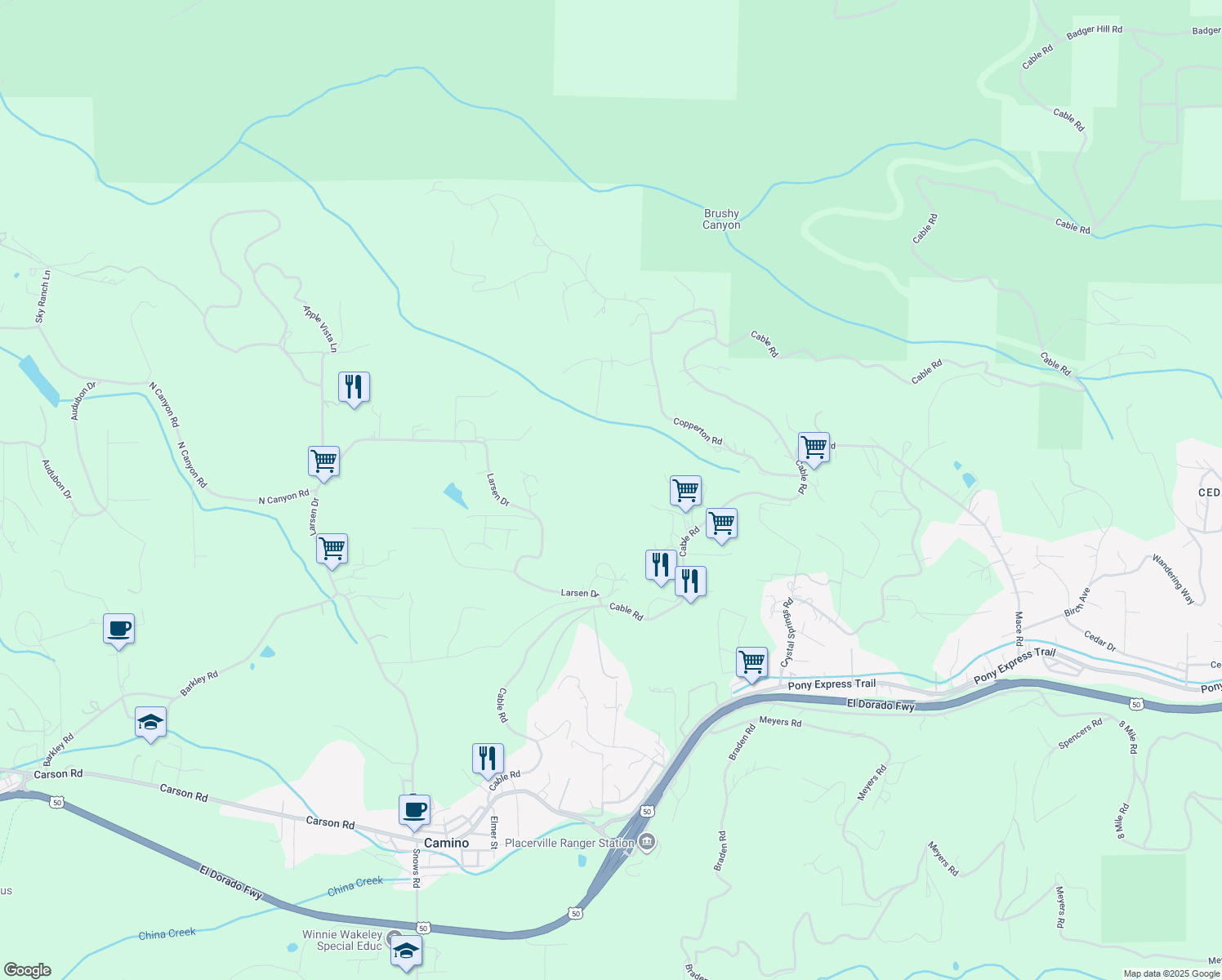 map of restaurants, bars, coffee shops, grocery stores, and more near 1900 Light Lane in Camino