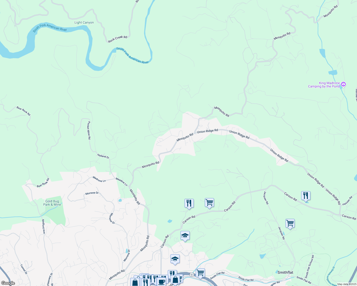 map of restaurants, bars, coffee shops, grocery stores, and more near 9245 Mosquito Road in Placerville