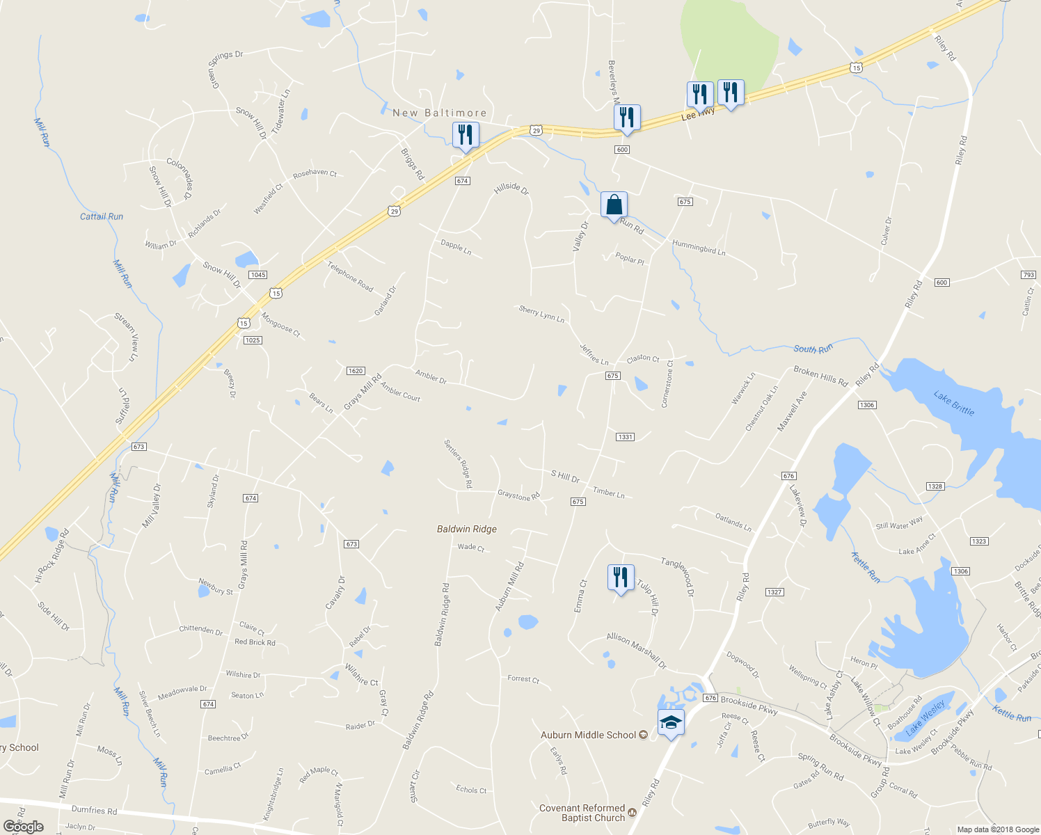 map of restaurants, bars, coffee shops, grocery stores, and more near 5218 Beverly Court in Warrenton