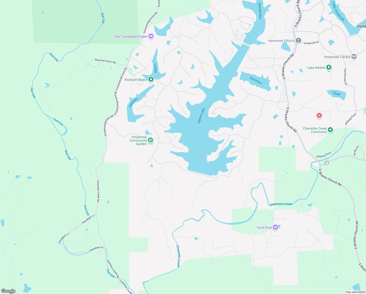 map of restaurants, bars, coffee shops, grocery stores, and more near 2337 Alpine Overlook Drive in Innsbrook
