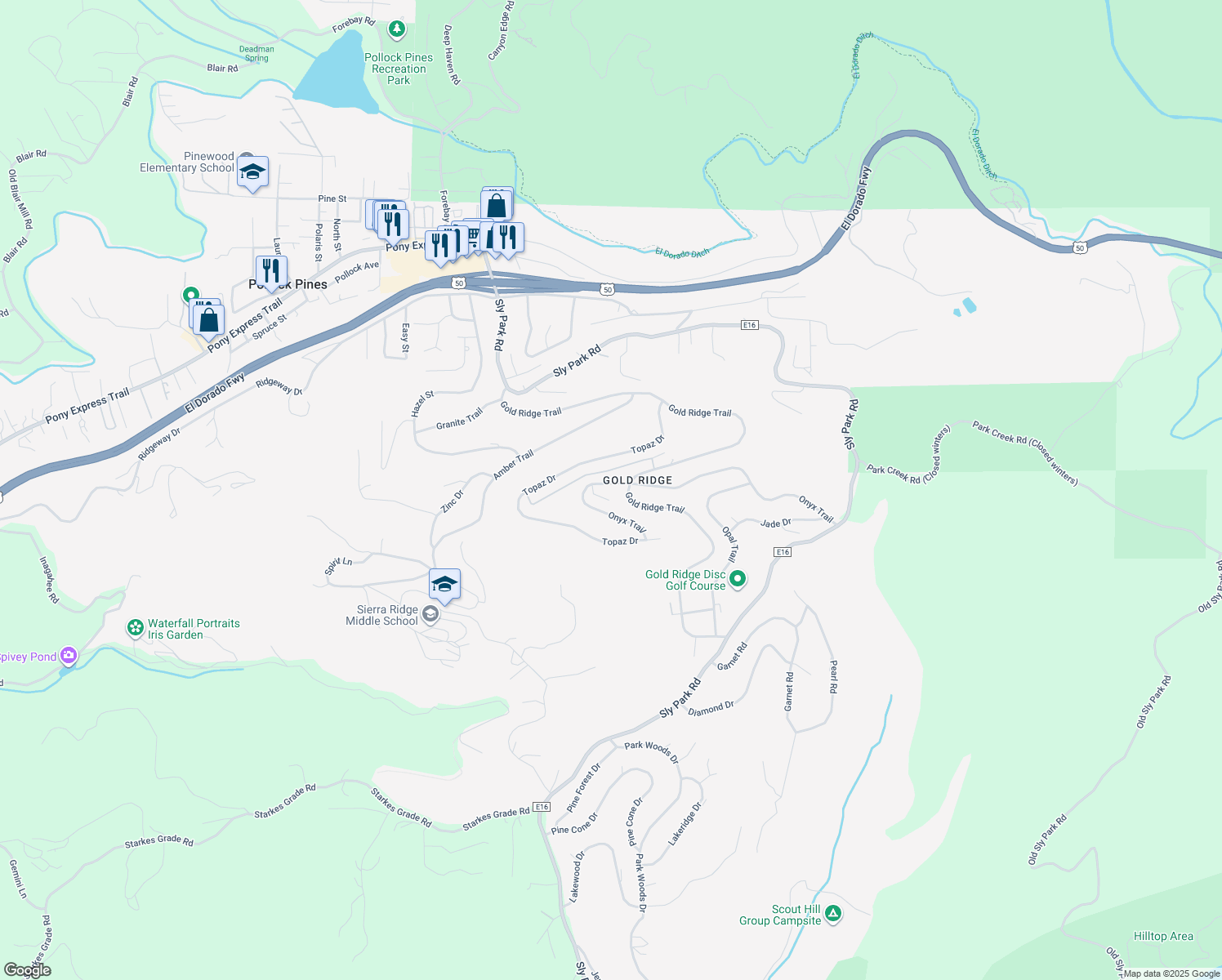 map of restaurants, bars, coffee shops, grocery stores, and more near 6624 Onyx Trail in Pollock Pines
