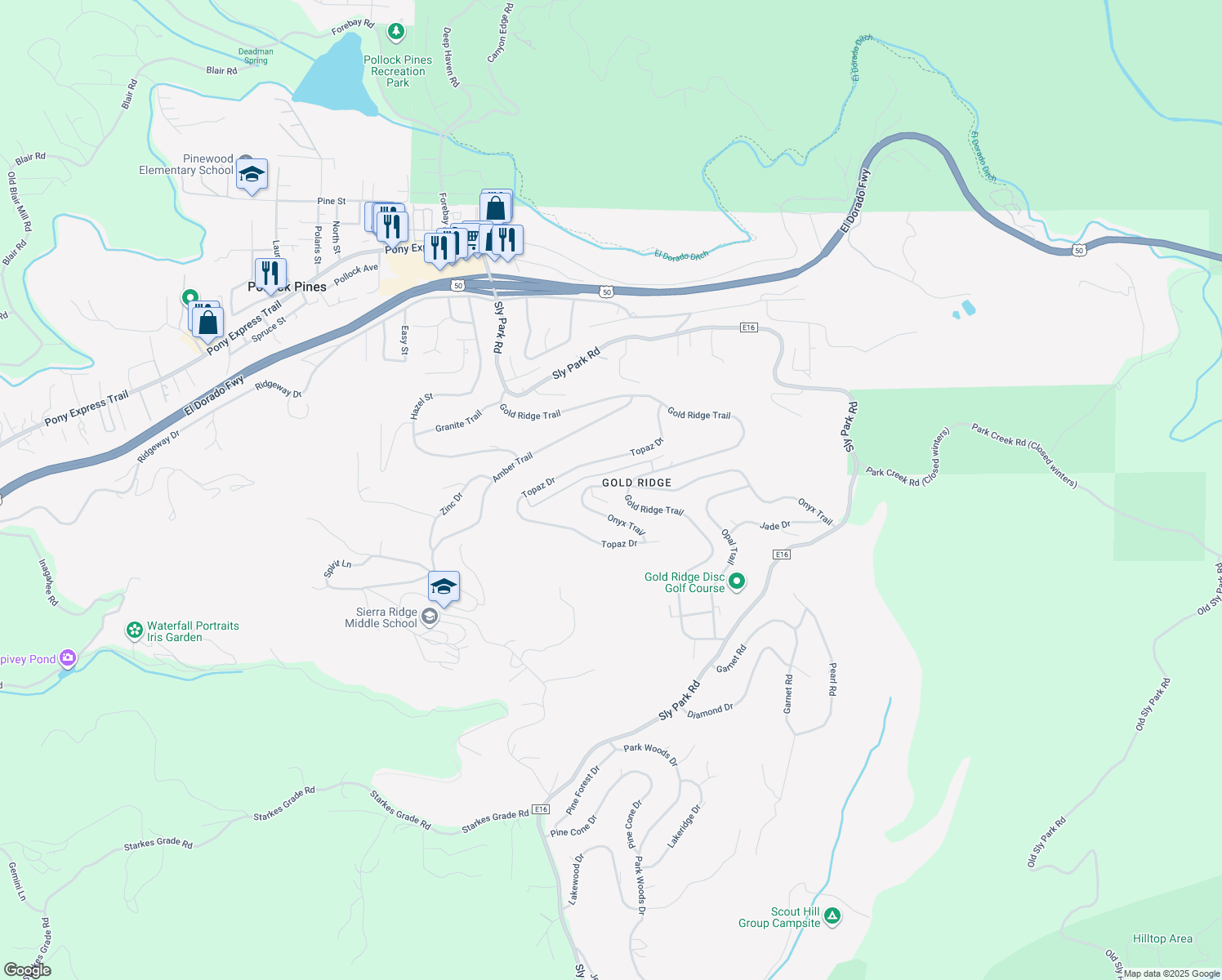 map of restaurants, bars, coffee shops, grocery stores, and more near 6624 Onyx Trail in Pollock Pines