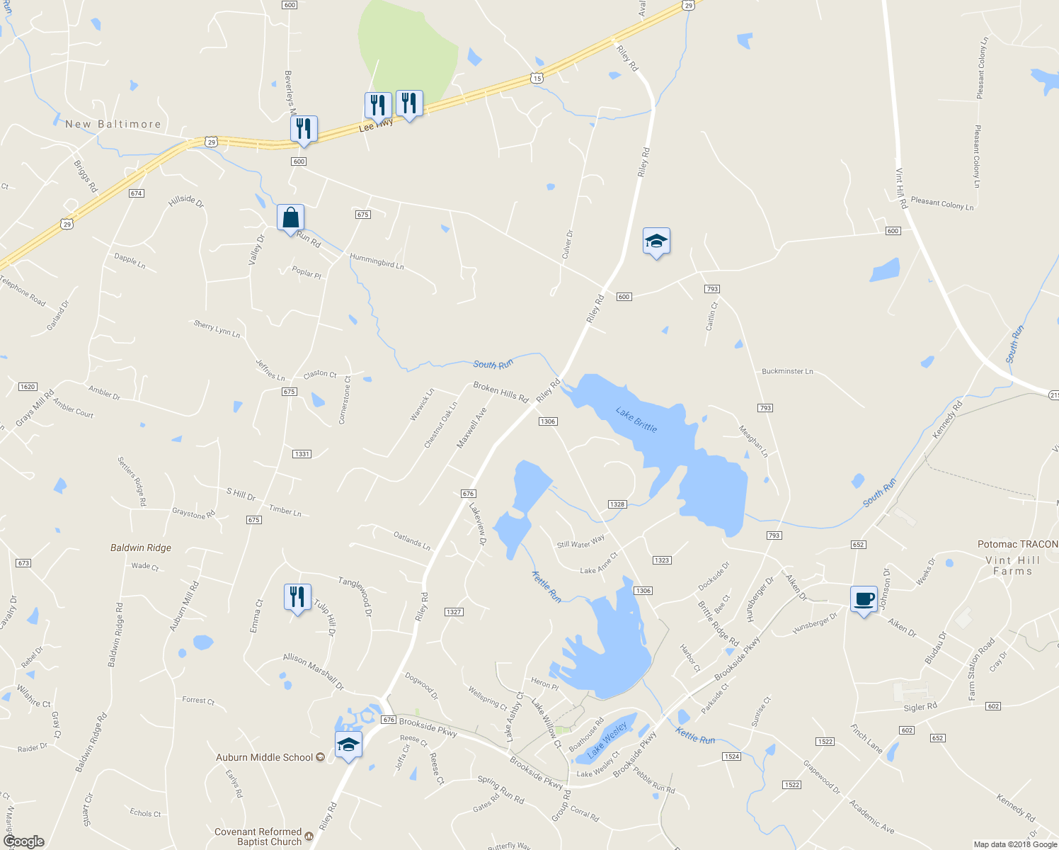 map of restaurants, bars, coffee shops, grocery stores, and more near 6725 Riley Road in Warrenton