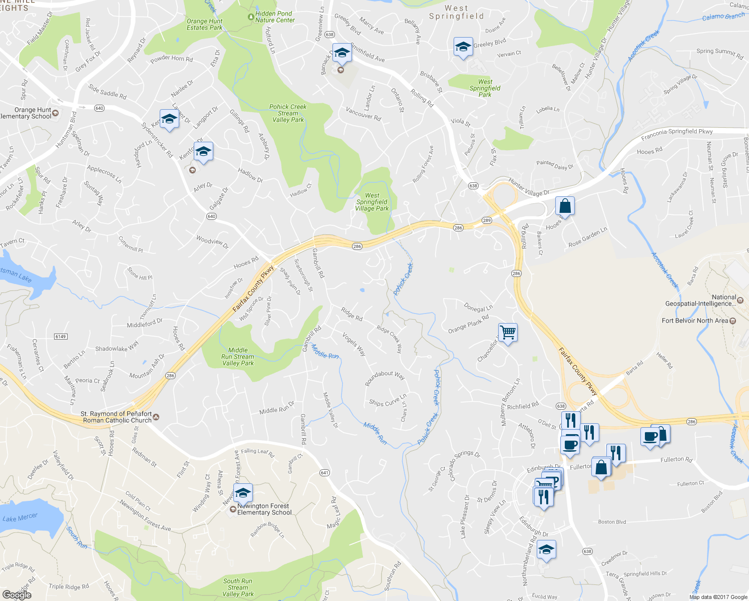 map of restaurants, bars, coffee shops, grocery stores, and more near 7436 Shepherd Ridge Court in Springfield