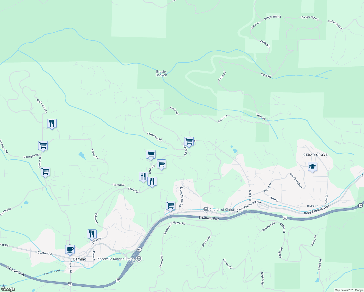 map of restaurants, bars, coffee shops, grocery stores, and more near 1966 Cable Road in Camino