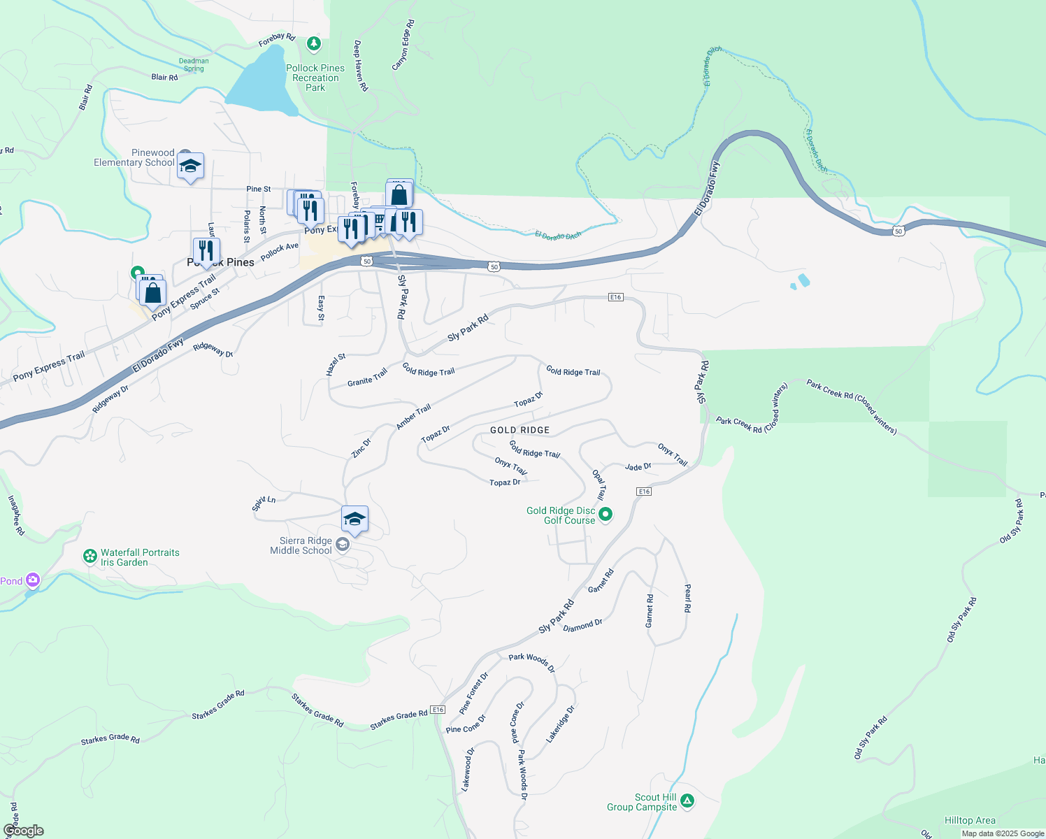 map of restaurants, bars, coffee shops, grocery stores, and more near 3572 Gold Ridge Trail in Pollock Pines