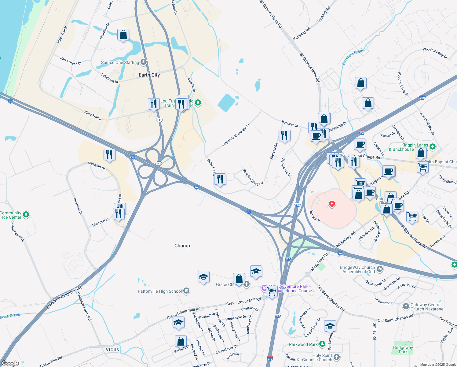 map of restaurants, bars, coffee shops, grocery stores, and more near 3384 Tortosa Drive in Bridgeton