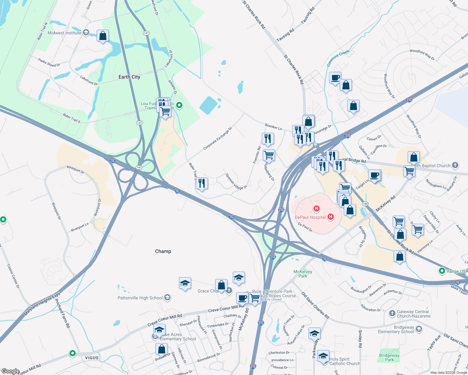 map of restaurants, bars, coffee shops, grocery stores, and more near 12724 San Clemente Drive in Bridgeton