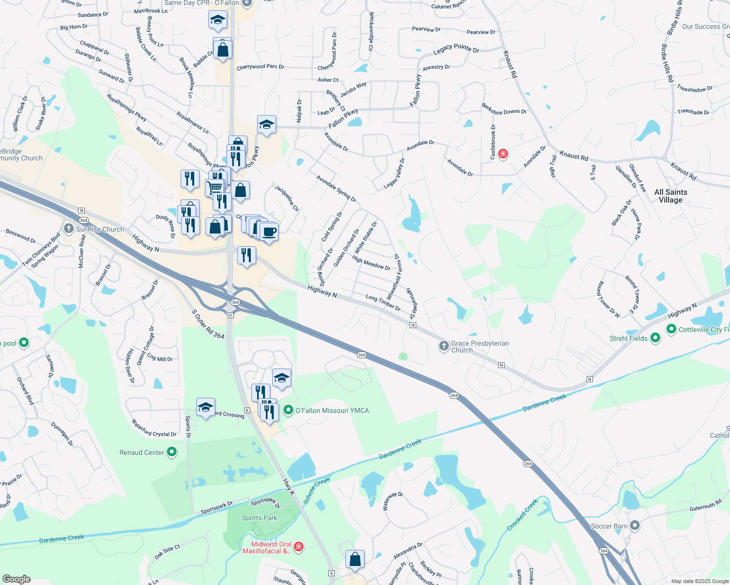 map of restaurants, bars, coffee shops, grocery stores, and more near 6429 Long Timber Drive in O'Fallon