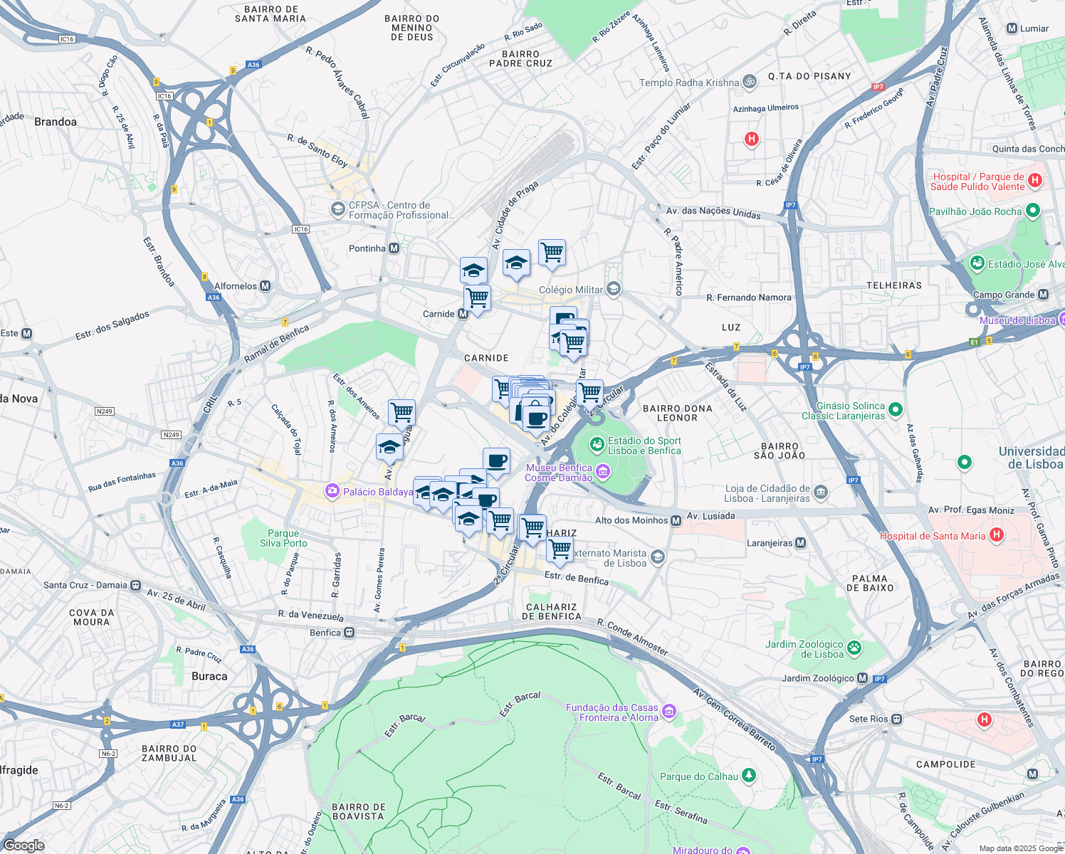 map of restaurants, bars, coffee shops, grocery stores, and more near 37 Avenida Colégio Militar in Lisboa