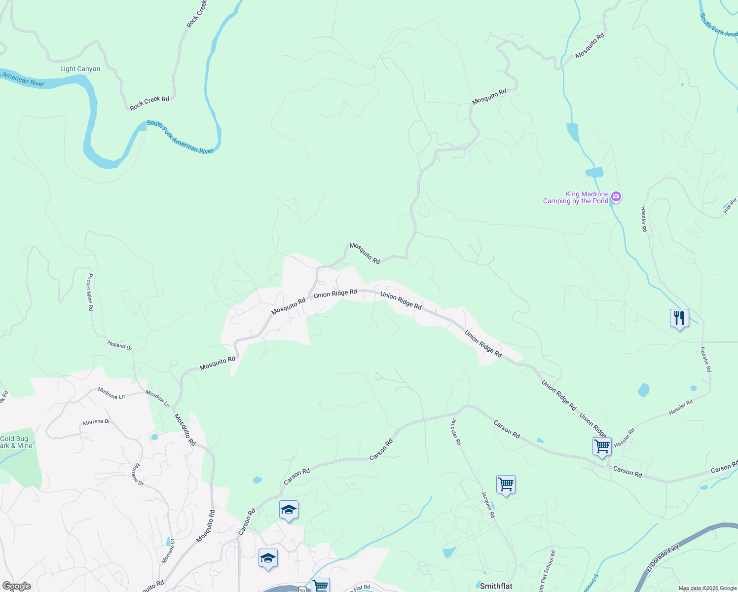 map of restaurants, bars, coffee shops, grocery stores, and more near 1786 Union Ridge Road in Placerville