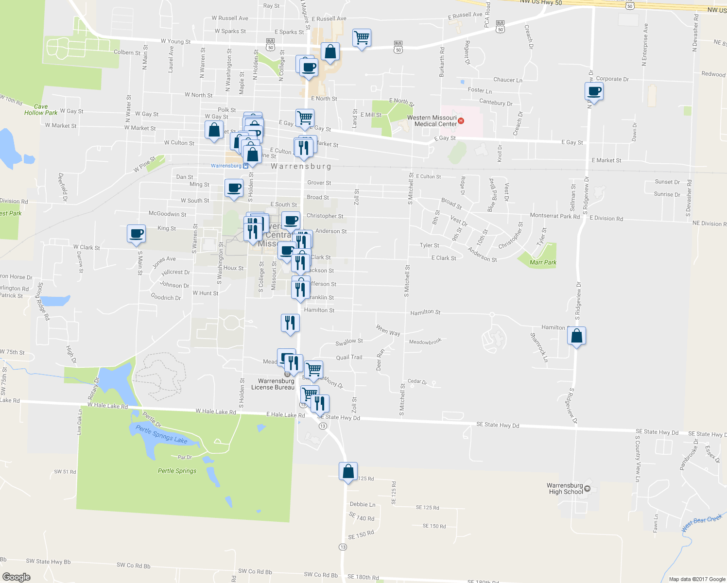 map of restaurants, bars, coffee shops, grocery stores, and more near 504 Jefferson Street in Warrensburg