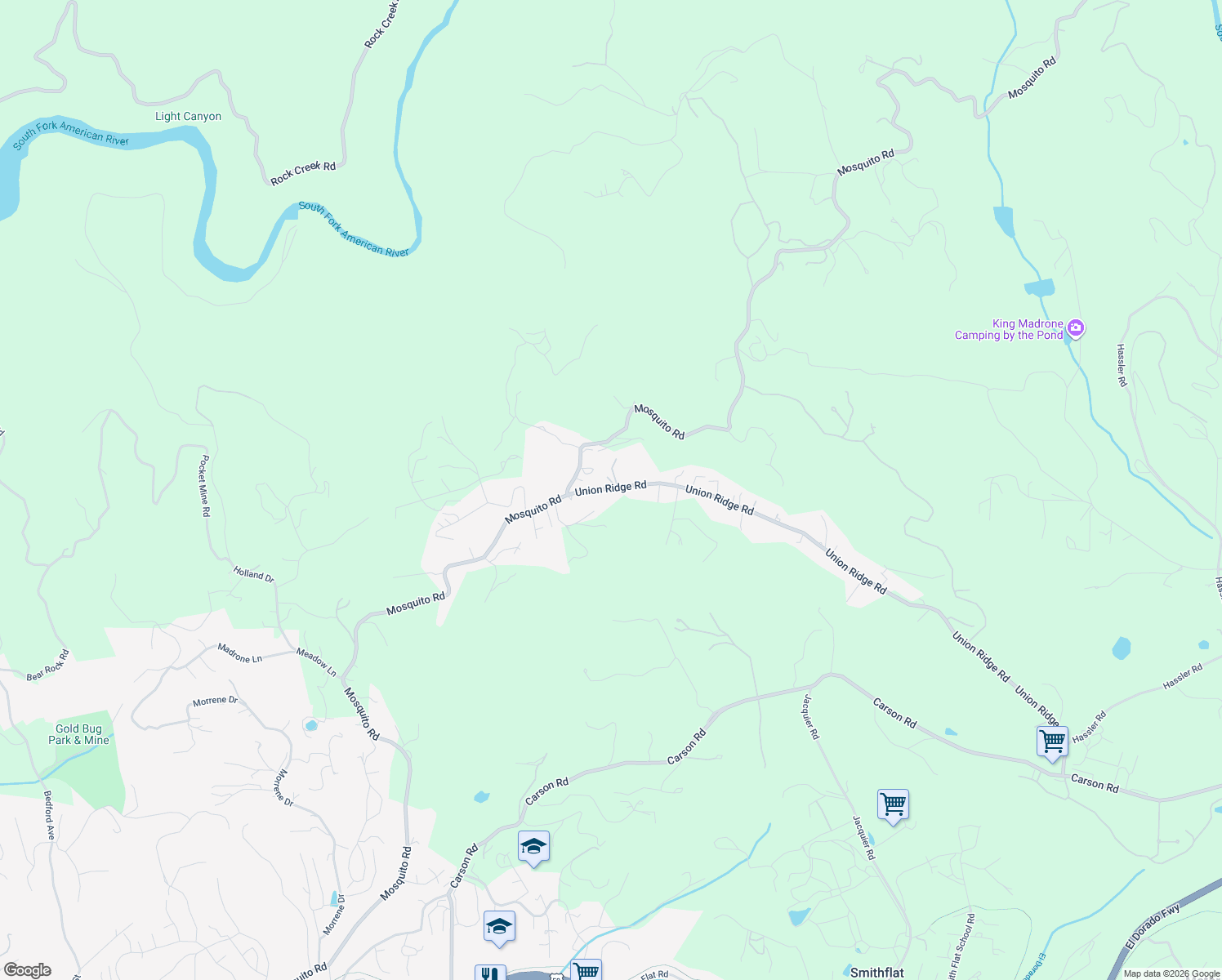 map of restaurants, bars, coffee shops, grocery stores, and more near 1710 Union Ridge Road in Placerville