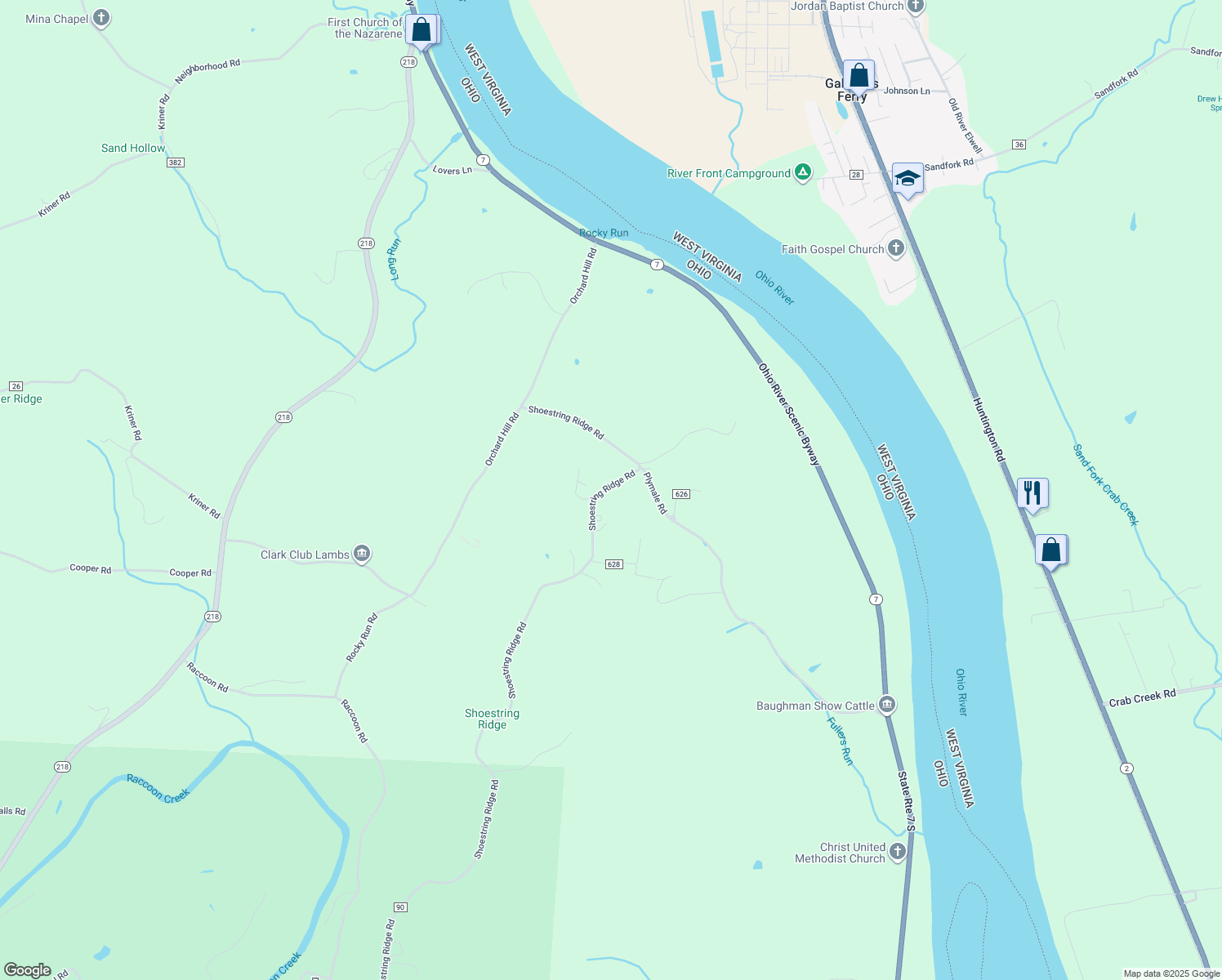 map of restaurants, bars, coffee shops, grocery stores, and more near 495 Shoestring Ridge Road in Gallipolis