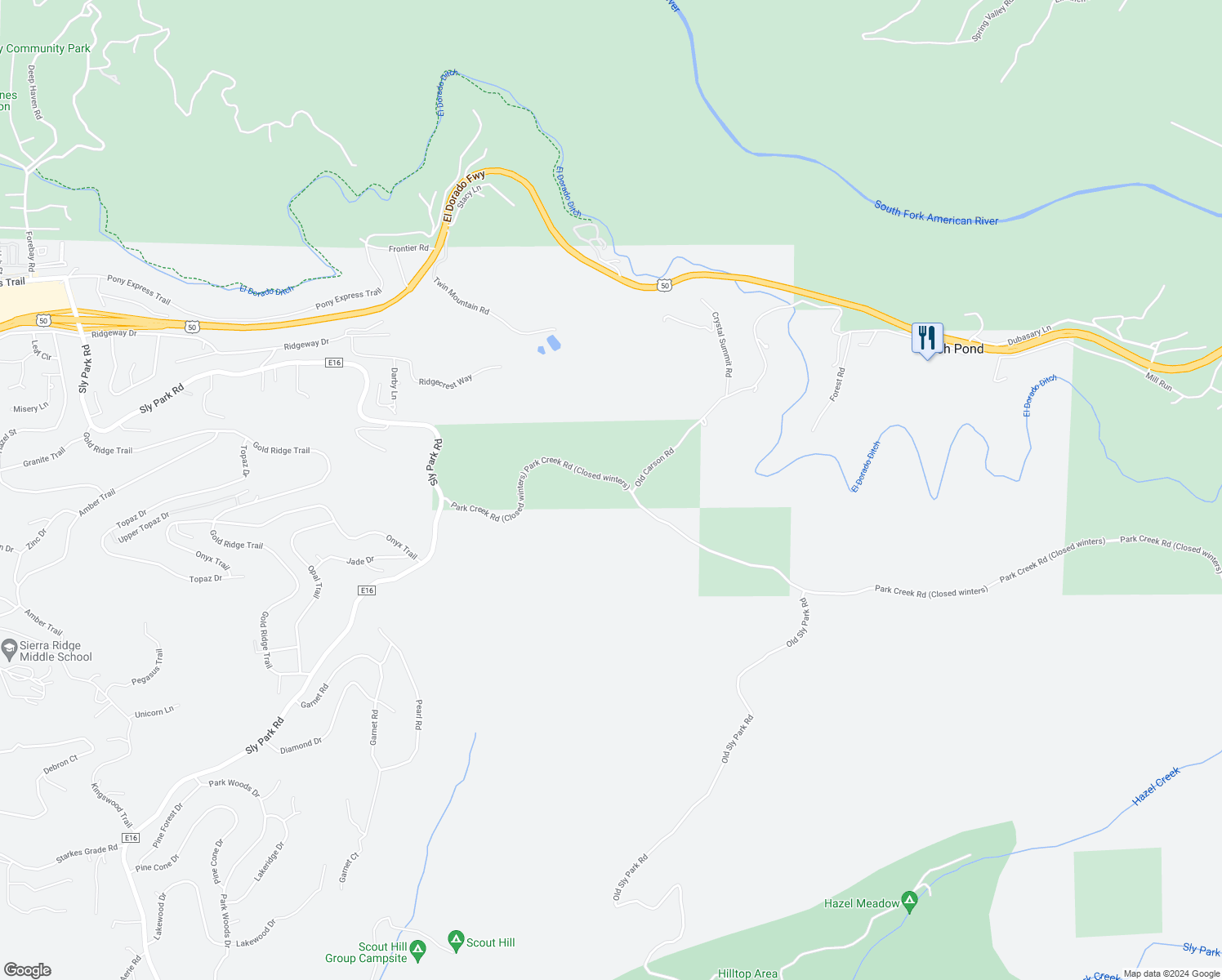 map of restaurants, bars, coffee shops, grocery stores, and more near 7021 Park Creek Road in Pollock Pines