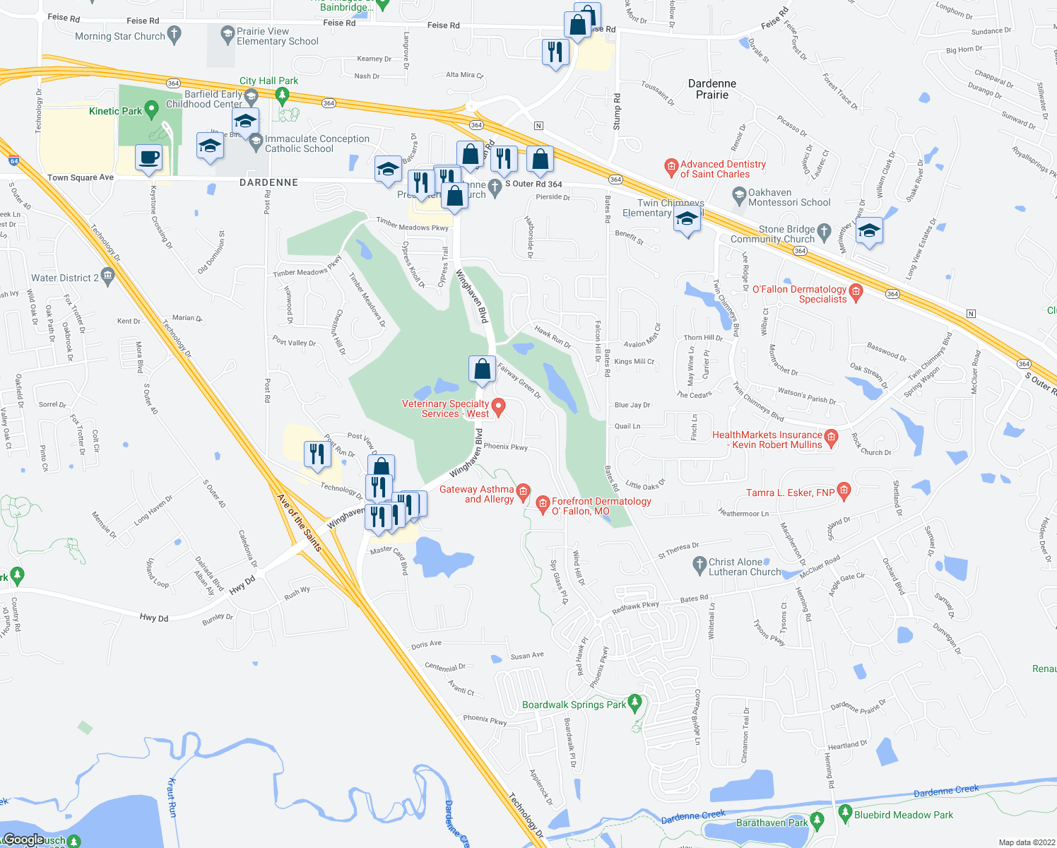 map of restaurants, bars, coffee shops, grocery stores, and more near 2606 Tysons Court in O'Fallon