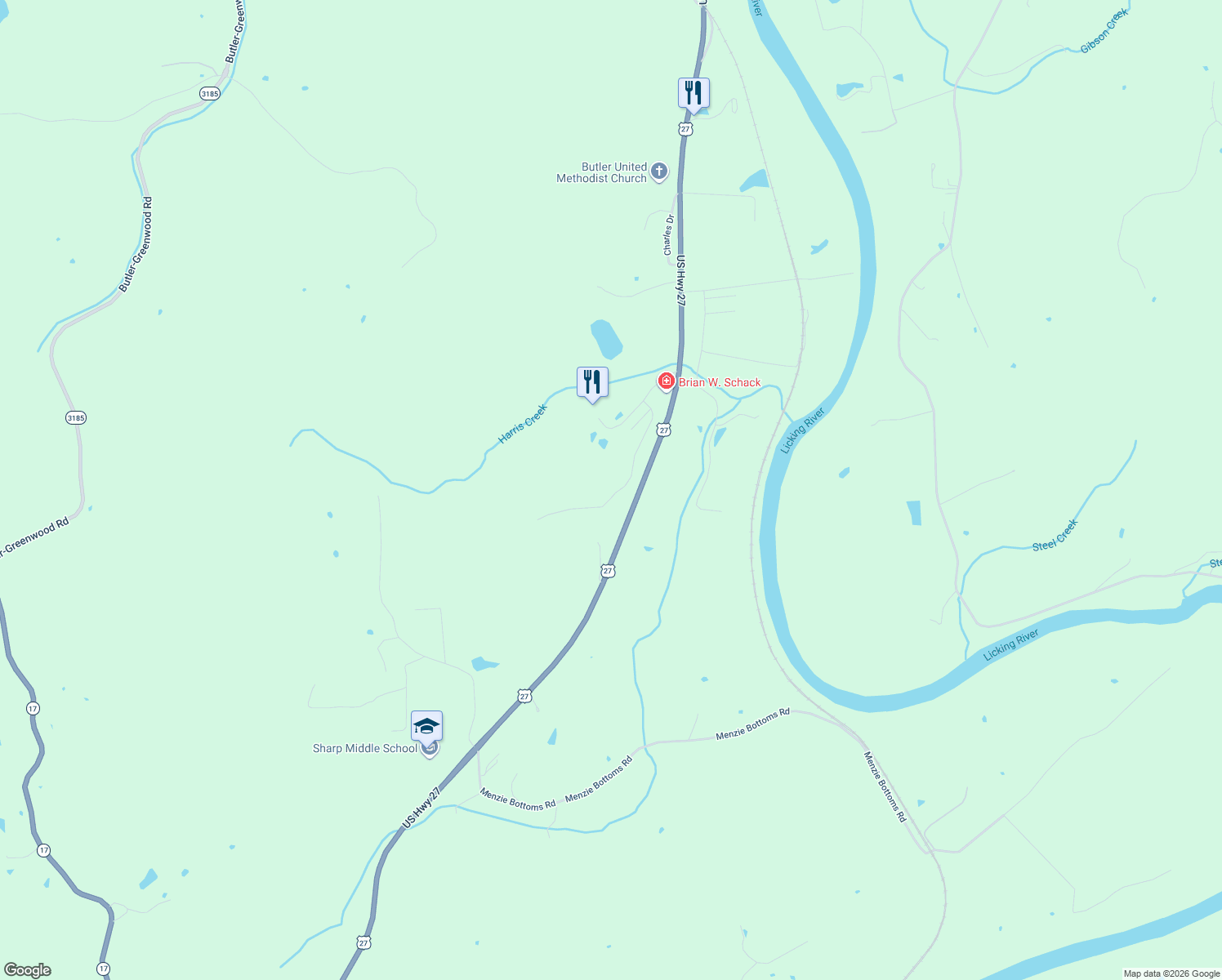 map of restaurants, bars, coffee shops, grocery stores, and more near 310 Links View Drive in Butler