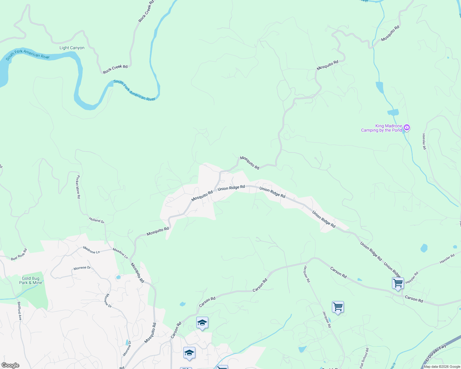 map of restaurants, bars, coffee shops, grocery stores, and more near 1710 Union Ridge Road in Placerville