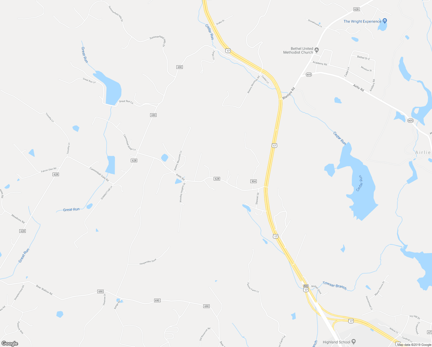 map of restaurants, bars, coffee shops, grocery stores, and more near 7450 Keith Road in Warrenton