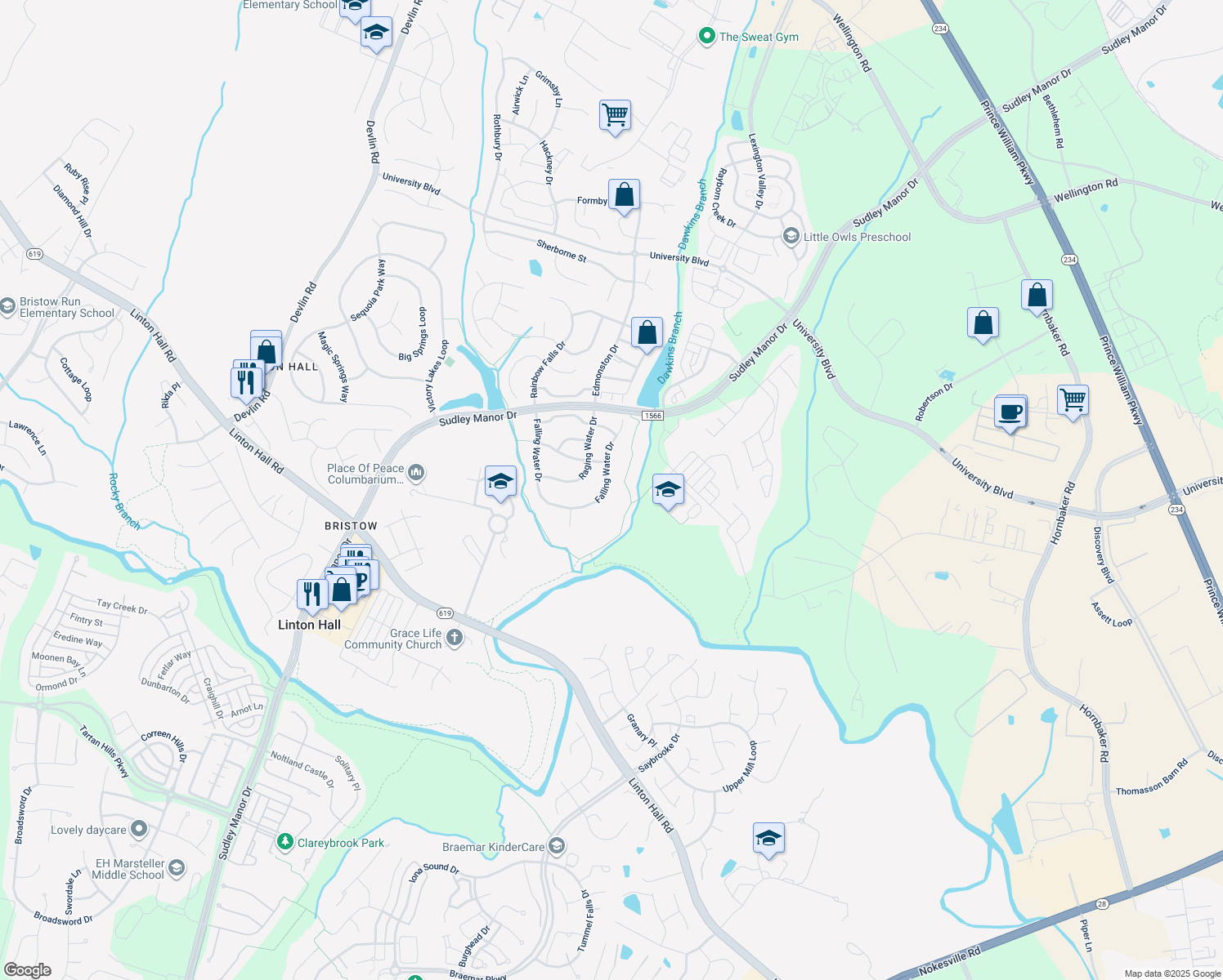 map of restaurants, bars, coffee shops, grocery stores, and more near 9326 Falling Water Drive in Bristow