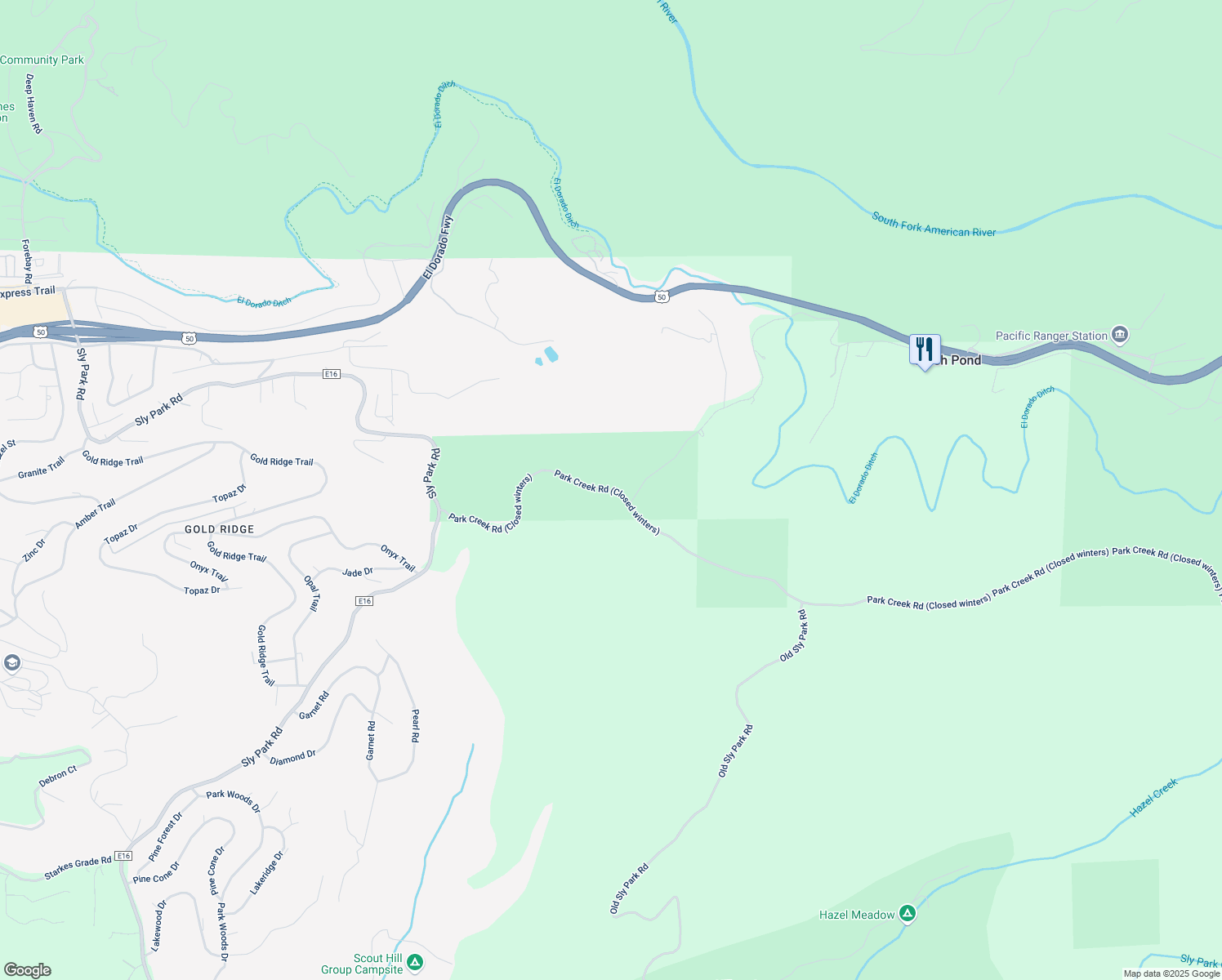 map of restaurants, bars, coffee shops, grocery stores, and more near 4372 Park Creek Road in Pollock Pines