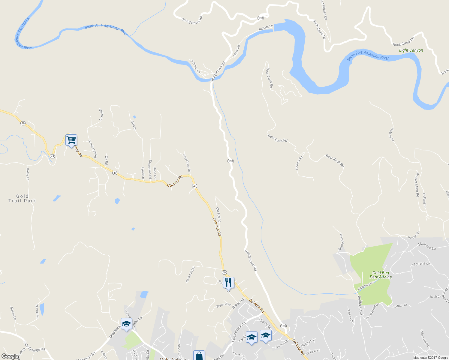 map of restaurants, bars, coffee shops, grocery stores, and more near 2213 Old Toll Road in Placerville