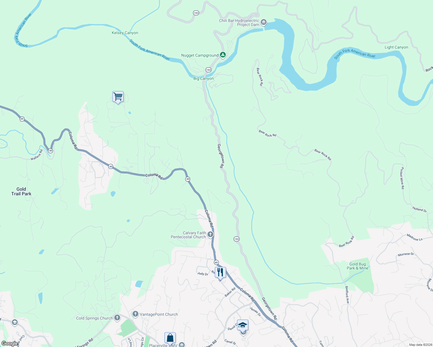 map of restaurants, bars, coffee shops, grocery stores, and more near 2213 Old Toll Road in Placerville
