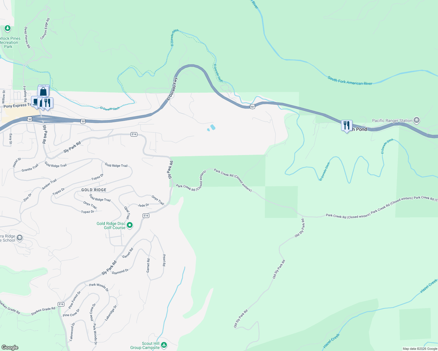 map of restaurants, bars, coffee shops, grocery stores, and more near Park Creek Road in Pollock Pines