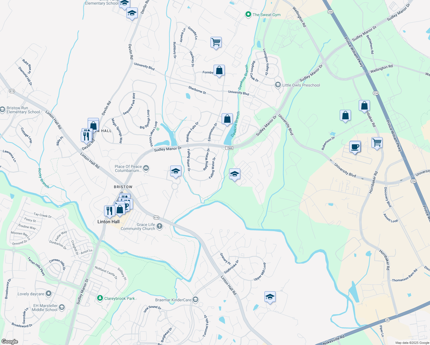 map of restaurants, bars, coffee shops, grocery stores, and more near 9330 Falling Water Drive in Bristow