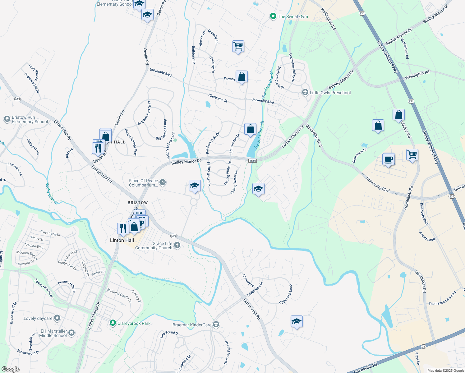 map of restaurants, bars, coffee shops, grocery stores, and more near 9331 Falling Water Drive in Bristow