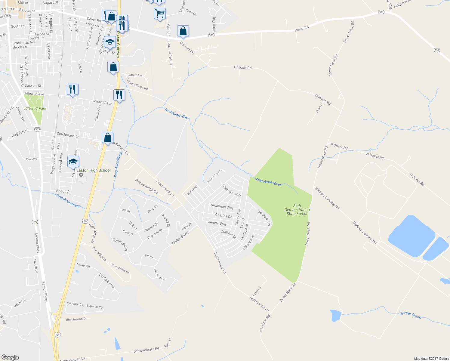 map of restaurants, bars, coffee shops, grocery stores, and more near 29720 Lyons Drive in Easton