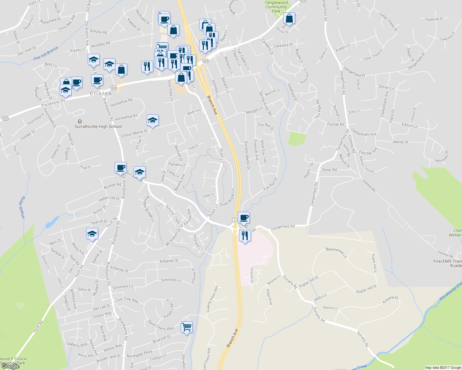 map of restaurants, bars, coffee shops, grocery stores, and more near 9801 Quiet Brook Lane in Clinton