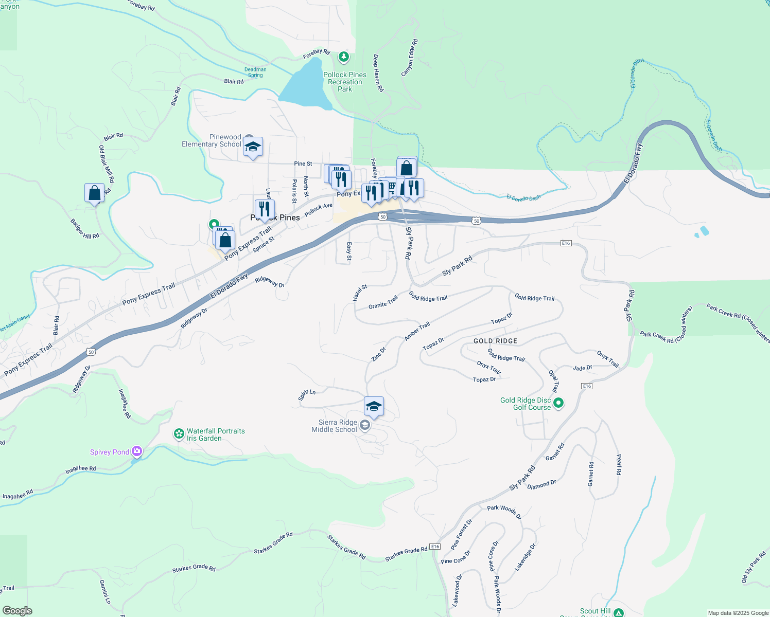 map of restaurants, bars, coffee shops, grocery stores, and more near 6488 Granite Trail in Pollock Pines