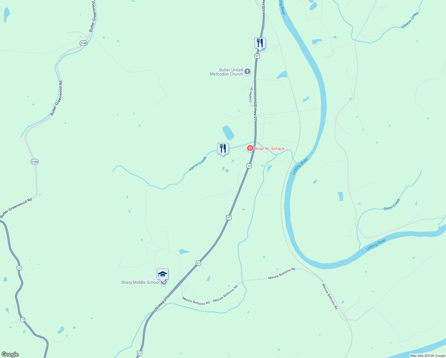 map of restaurants, bars, coffee shops, grocery stores, and more near 310 Links View Drive in Butler