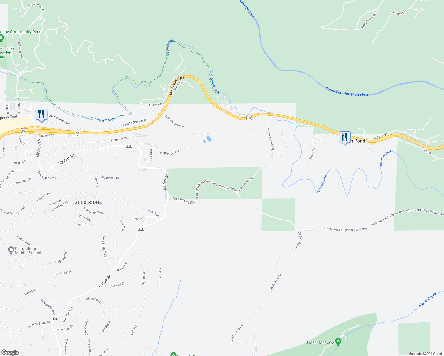 map of restaurants, bars, coffee shops, grocery stores, and more near 7021 Park Creek Road in Pollock Pines