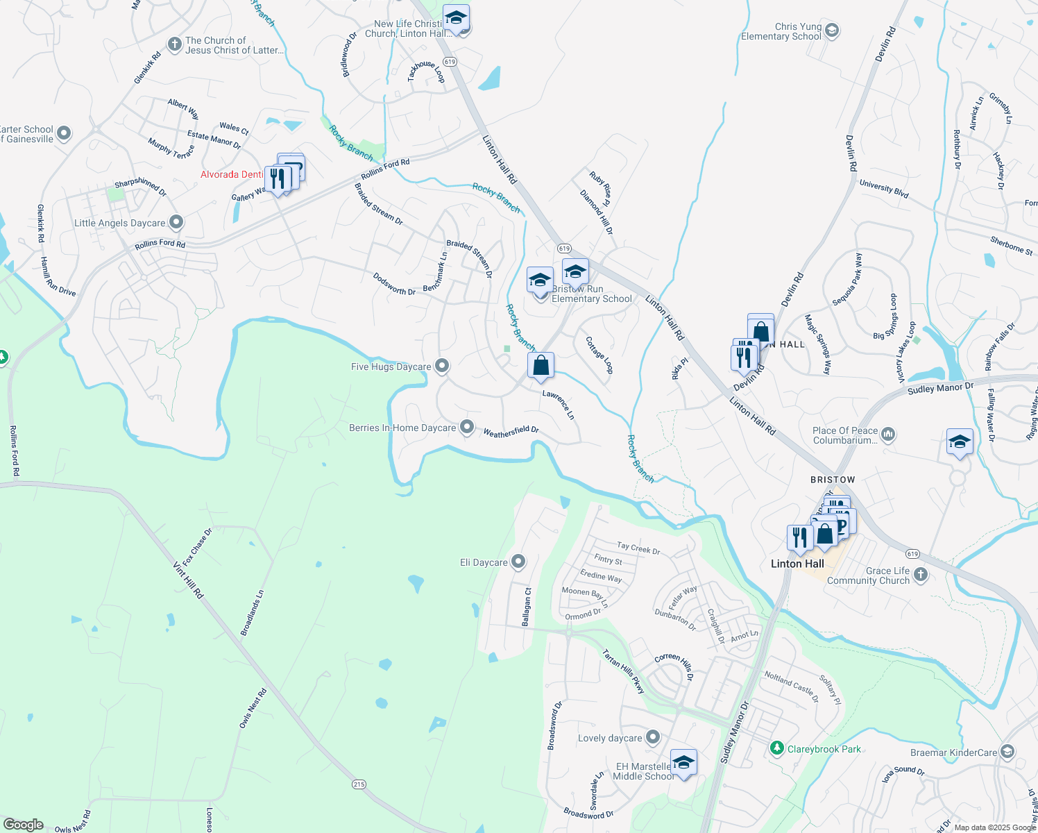 map of restaurants, bars, coffee shops, grocery stores, and more near 13291 McCartney Court in Bristow