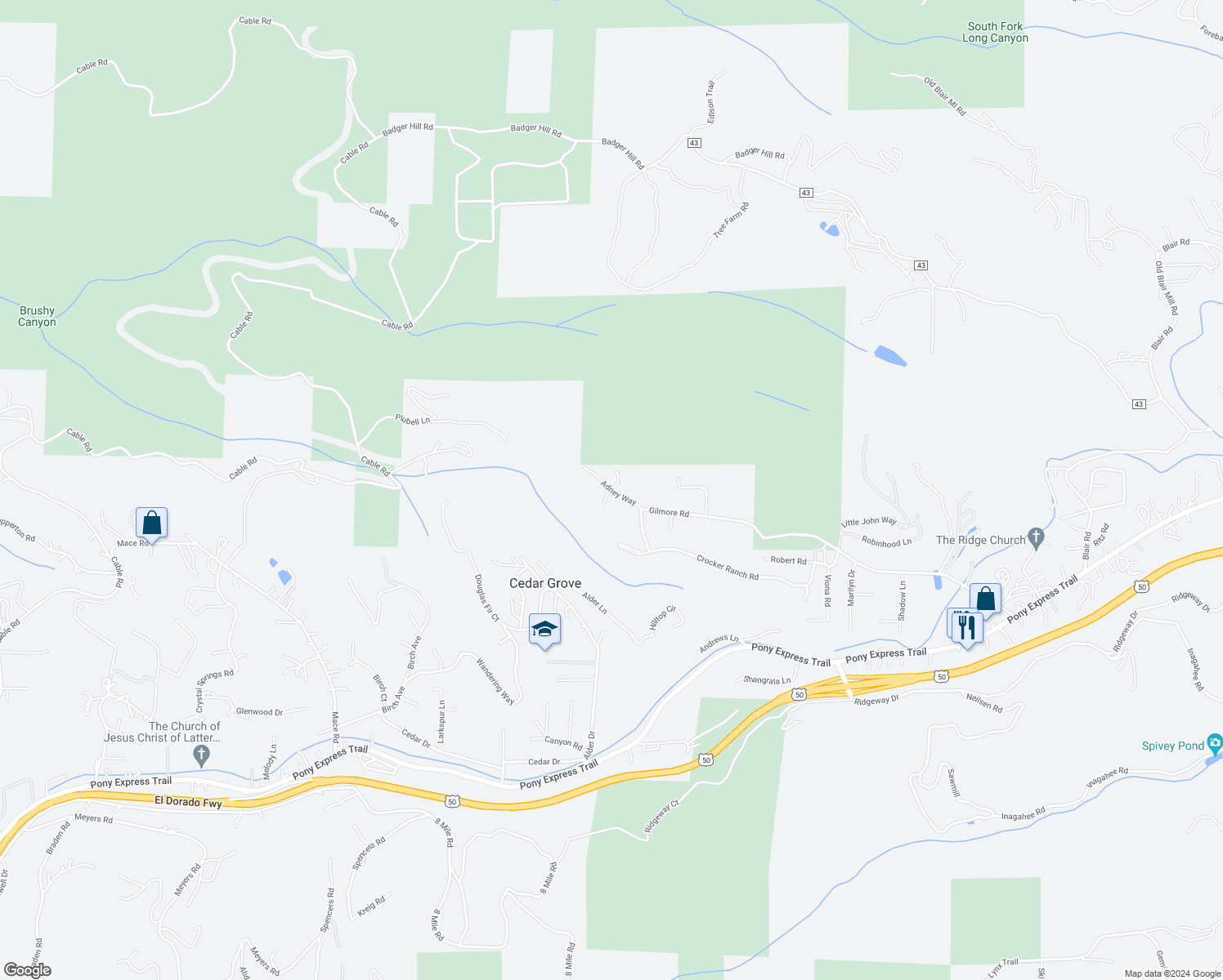 map of restaurants, bars, coffee shops, grocery stores, and more near 5130 Adney Way in Pollock Pines
