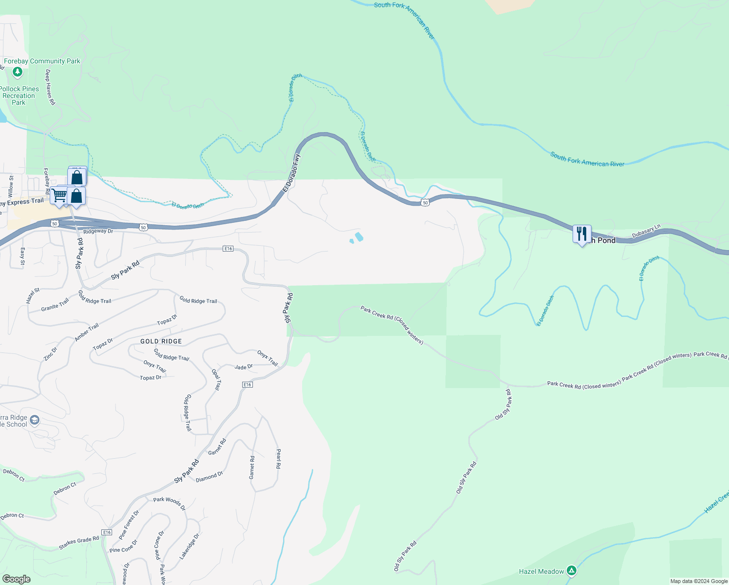 map of restaurants, bars, coffee shops, grocery stores, and more near Sly Park Road in Pollock Pines