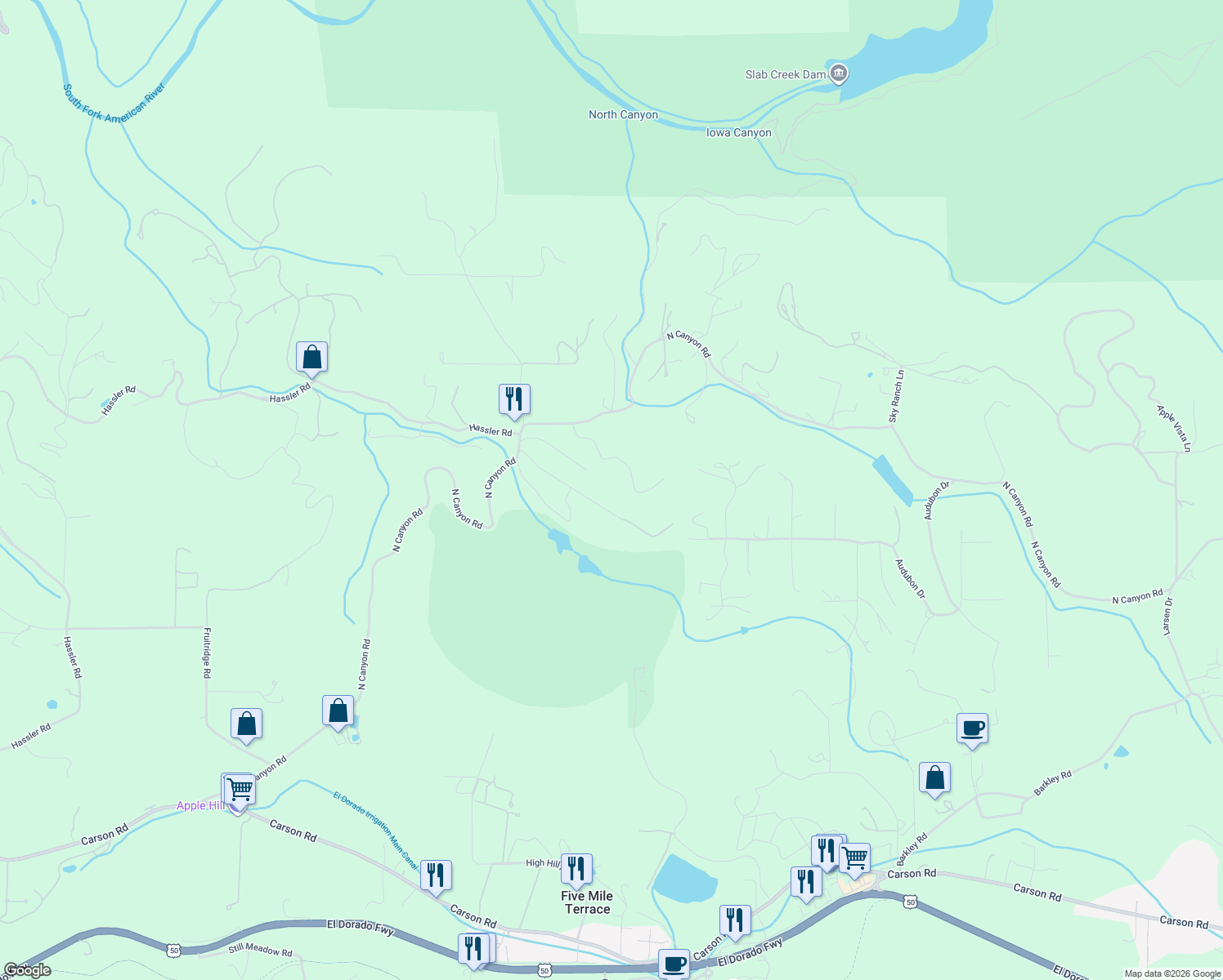 map of restaurants, bars, coffee shops, grocery stores, and more near 2635 Cleese Road in Camino