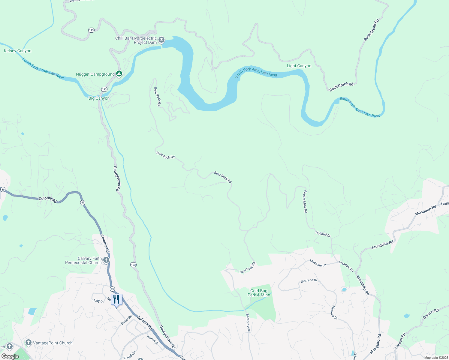 map of restaurants, bars, coffee shops, grocery stores, and more near 2000 Bear Rock Road in Placerville