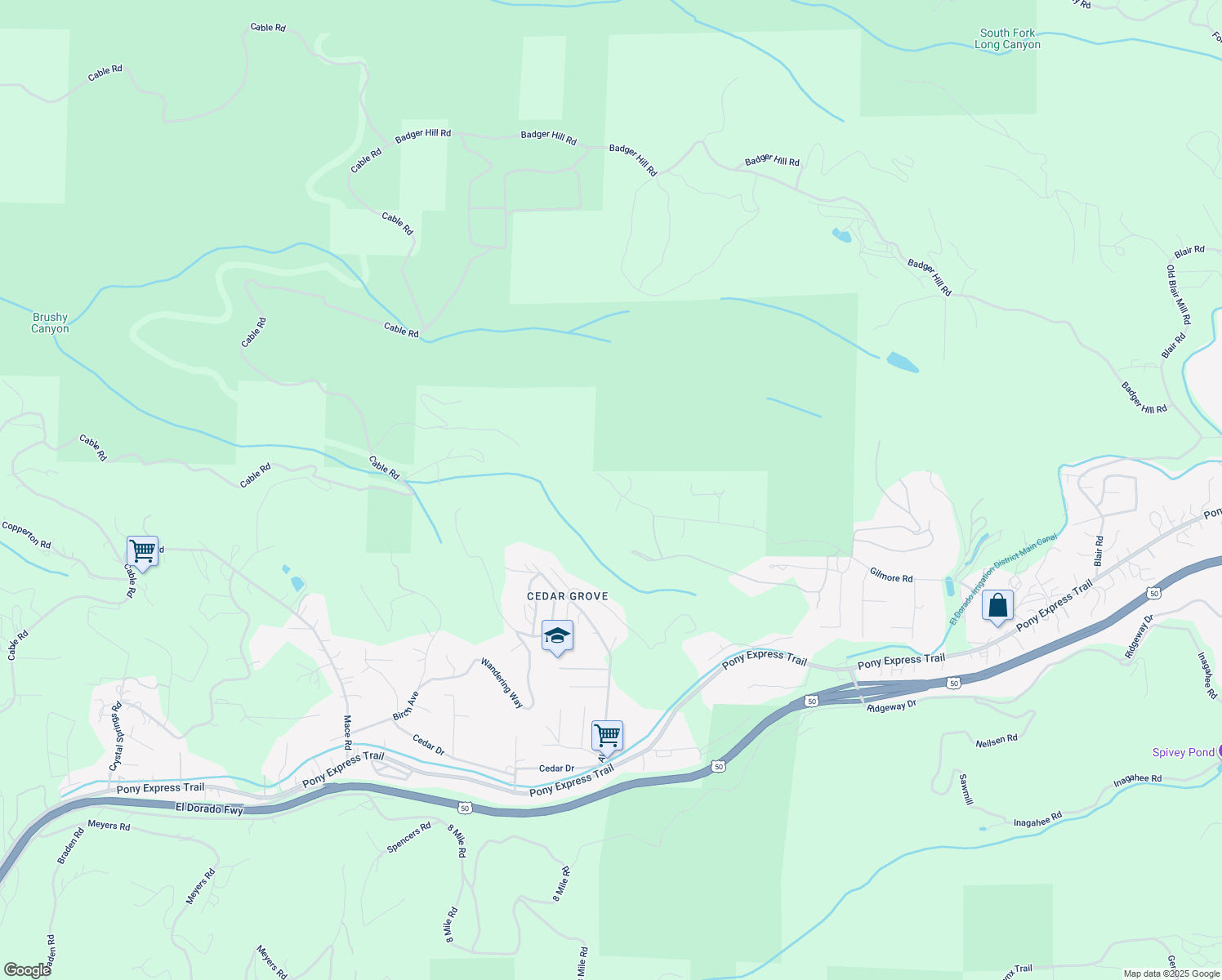 map of restaurants, bars, coffee shops, grocery stores, and more near 5130 Adney Way in Pollock Pines