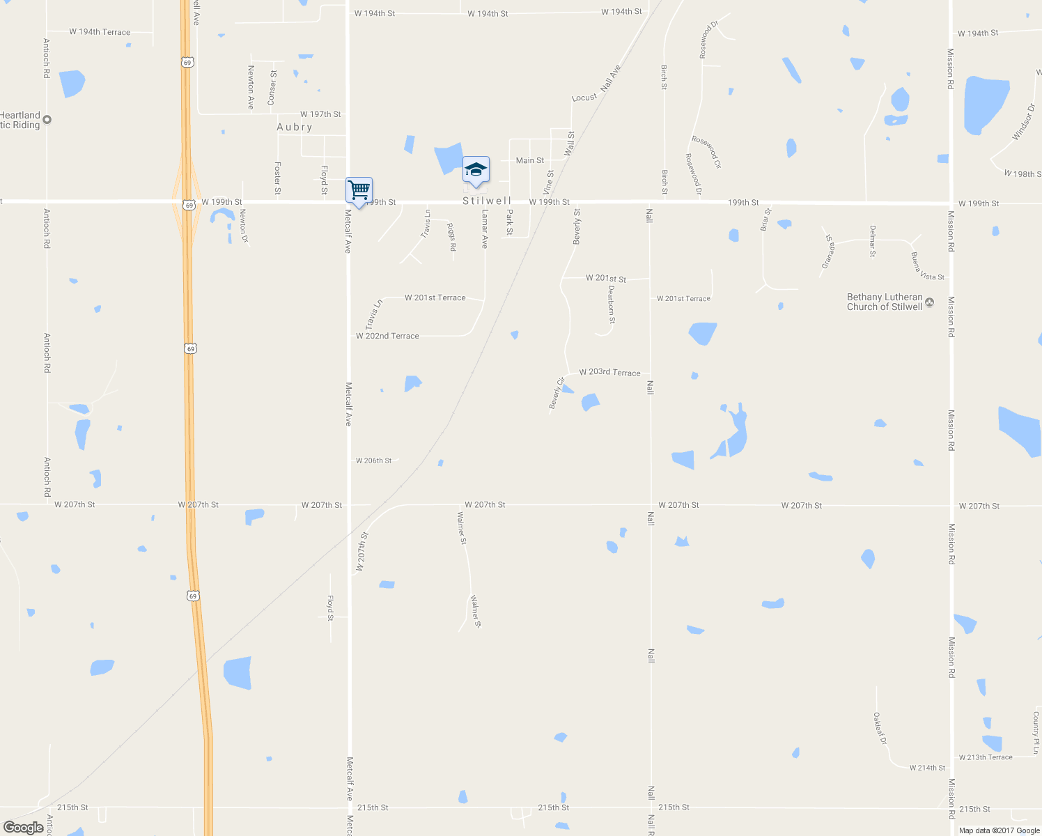 map of restaurants, bars, coffee shops, grocery stores, and more near 20490 Beverly Circle in Stilwell